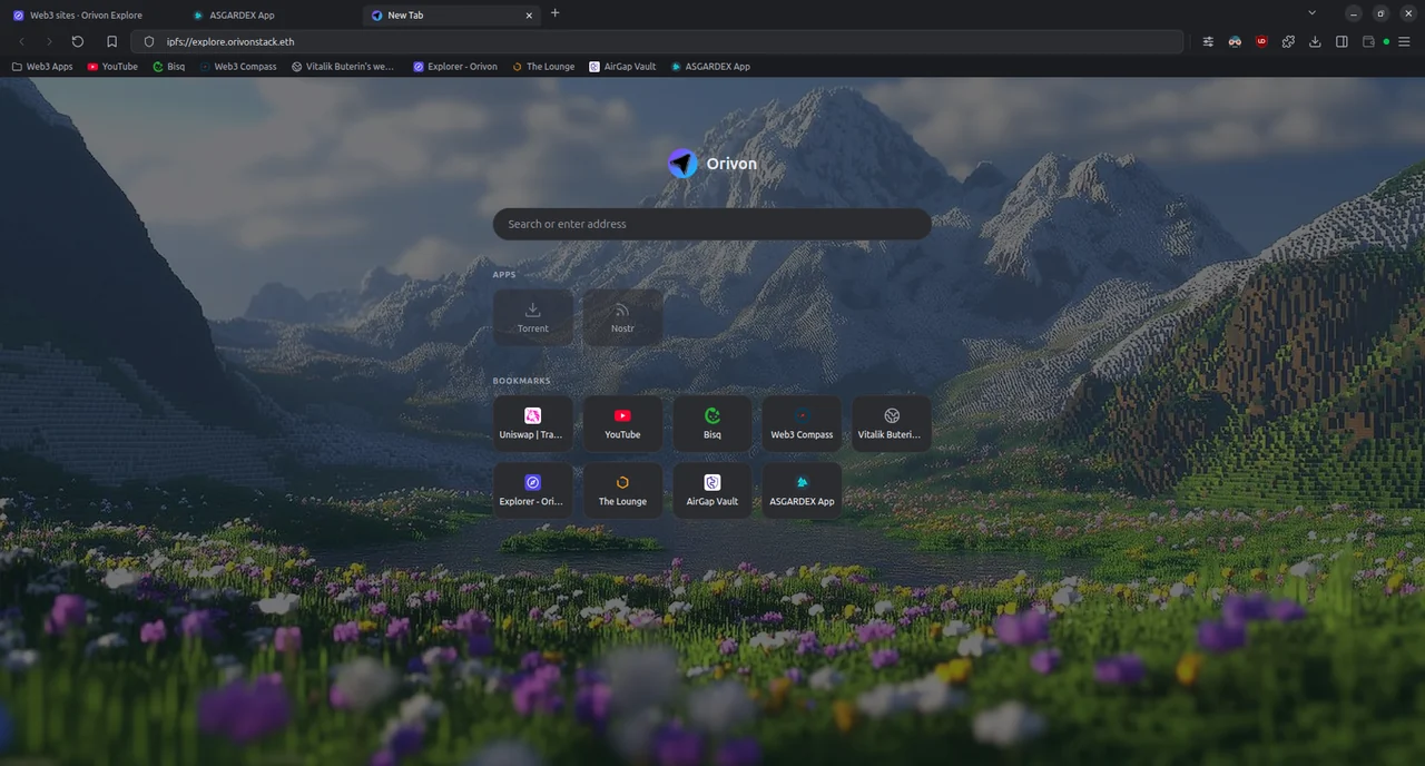 The Orivon browser window with the new tab page over a voxel mountain meadow, showing the address bar at ipfs://explore.orivonstack.eth and tiles for apps and bookmarks.
