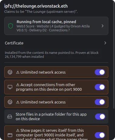 The address-bar popover for thelounge.orivonstack.eth, listing each permission in plain words with a toggle beside it.